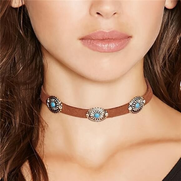 1-Piece Boho Style Choker Necklace Inlaid Turquoise Vintage Style Neck Jewelry - Picture 1 of 7